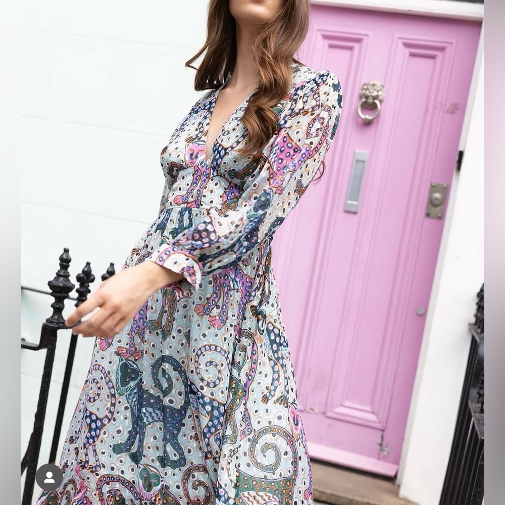Oliphant V-Neck Long Sleeve Dress in Pastel Blue and Pink, Size M